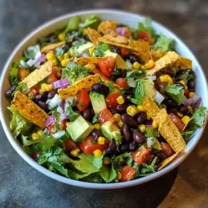 A plate of Spicy Southwest Salad, loaded with fresh vegetables, black beans, corn, and topped with creamy avocado slices.