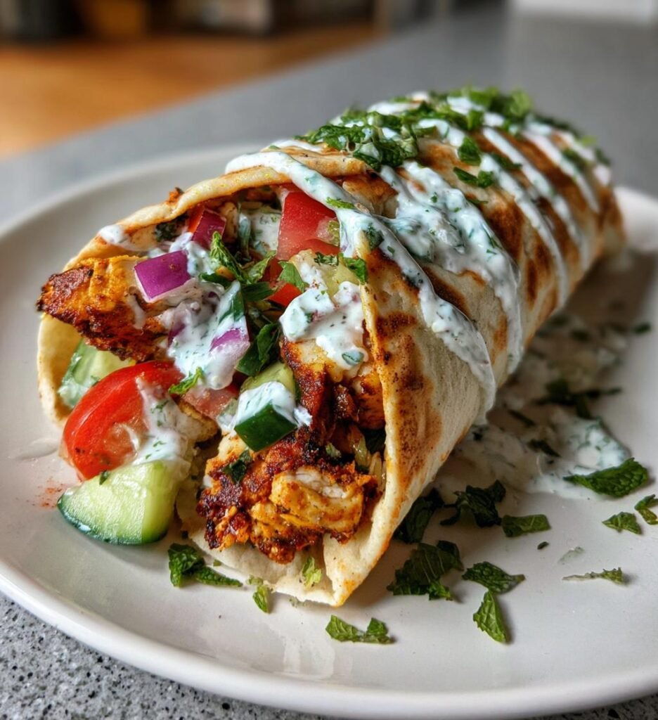 Śródziemnomorska zawijka z kurczakiem shawarma