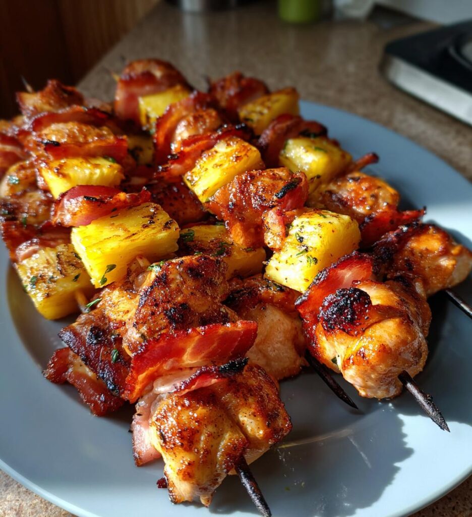 bbq chicken bacon pineapple kabobs