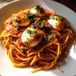 bloody spaghetti with mozzarella eyeballs