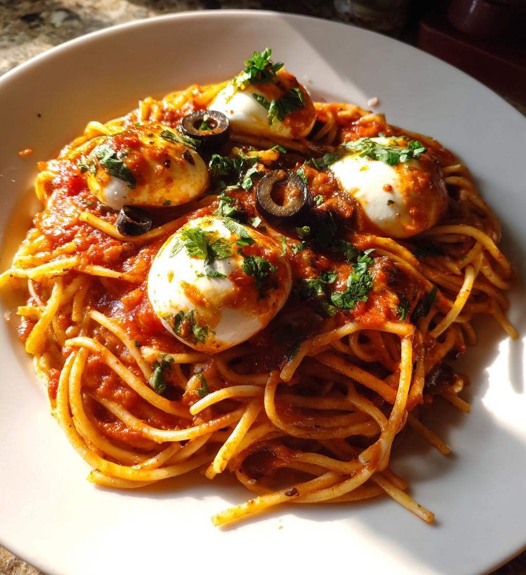bloody spaghetti with mozzarella eyeballs