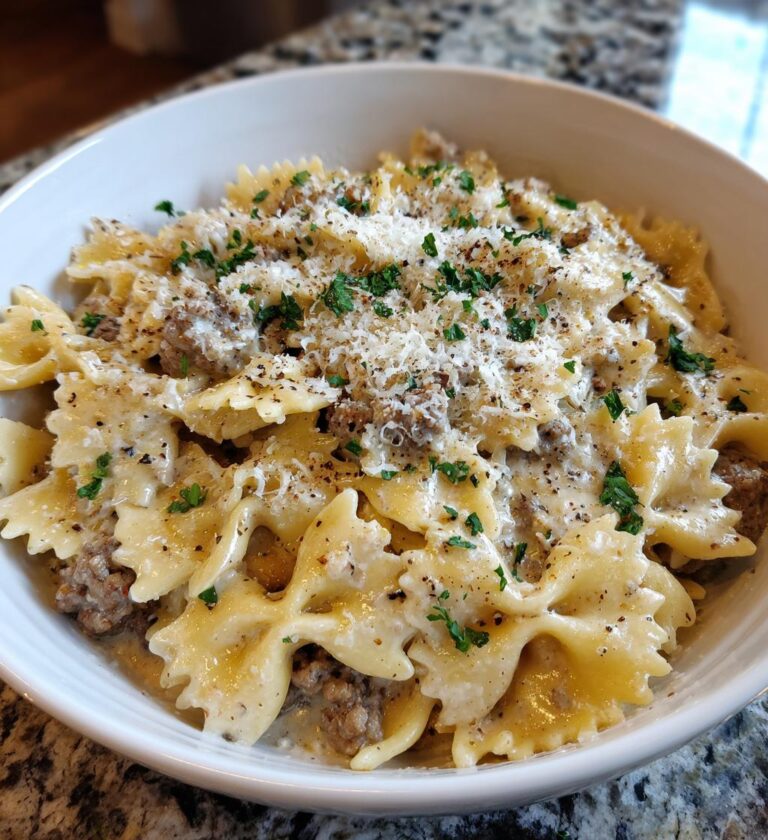 creamy parmesan garlic beef bowtie pasta