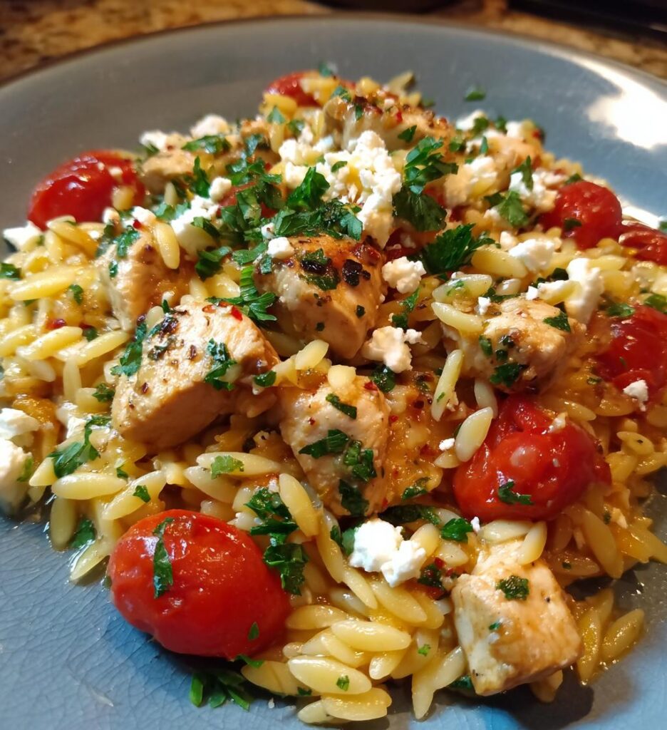 high protein mediterranean chicken orzo