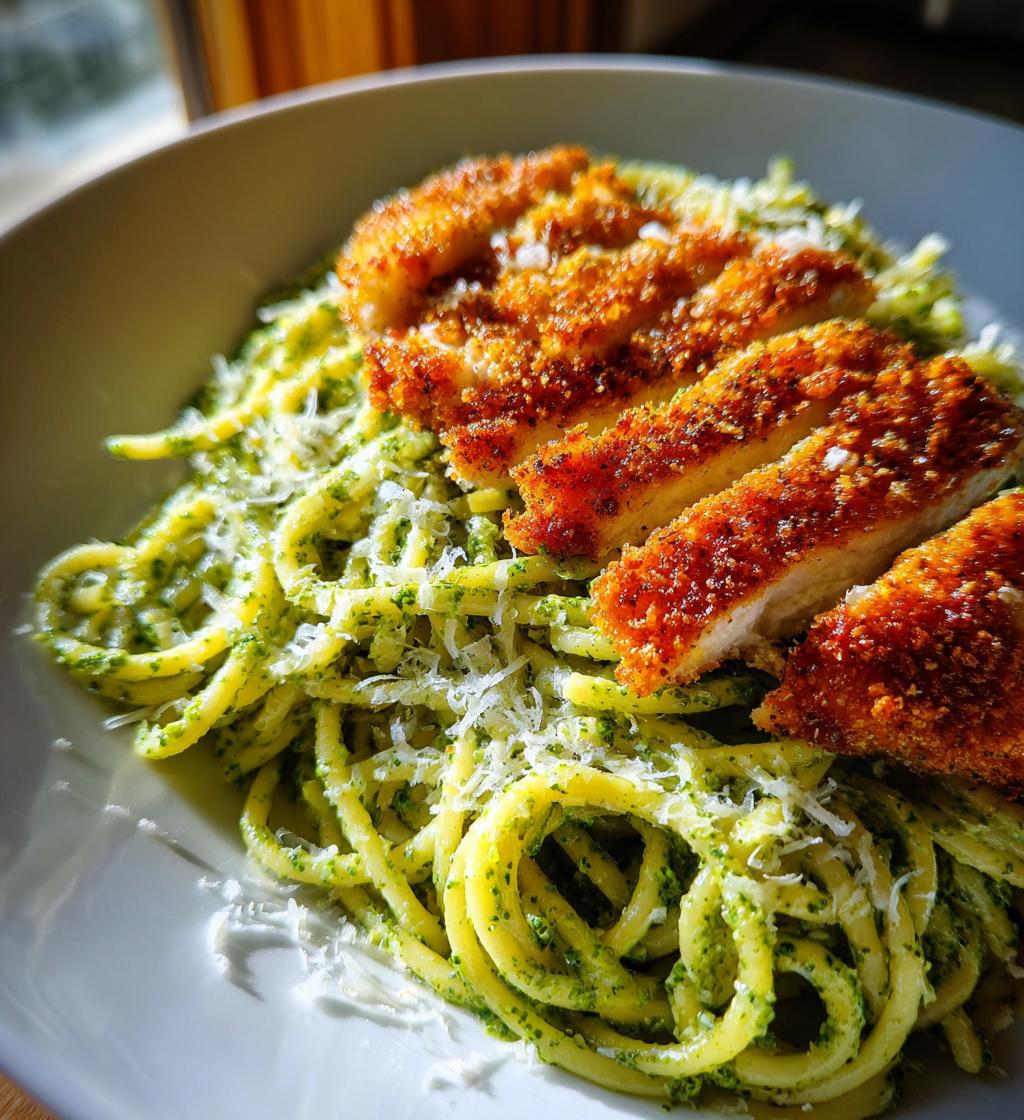 pesto pasta with crispy parmesan chicken