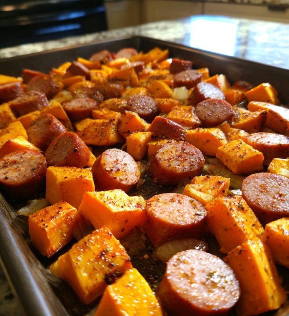 sheet pan sausage and sweet potatoes