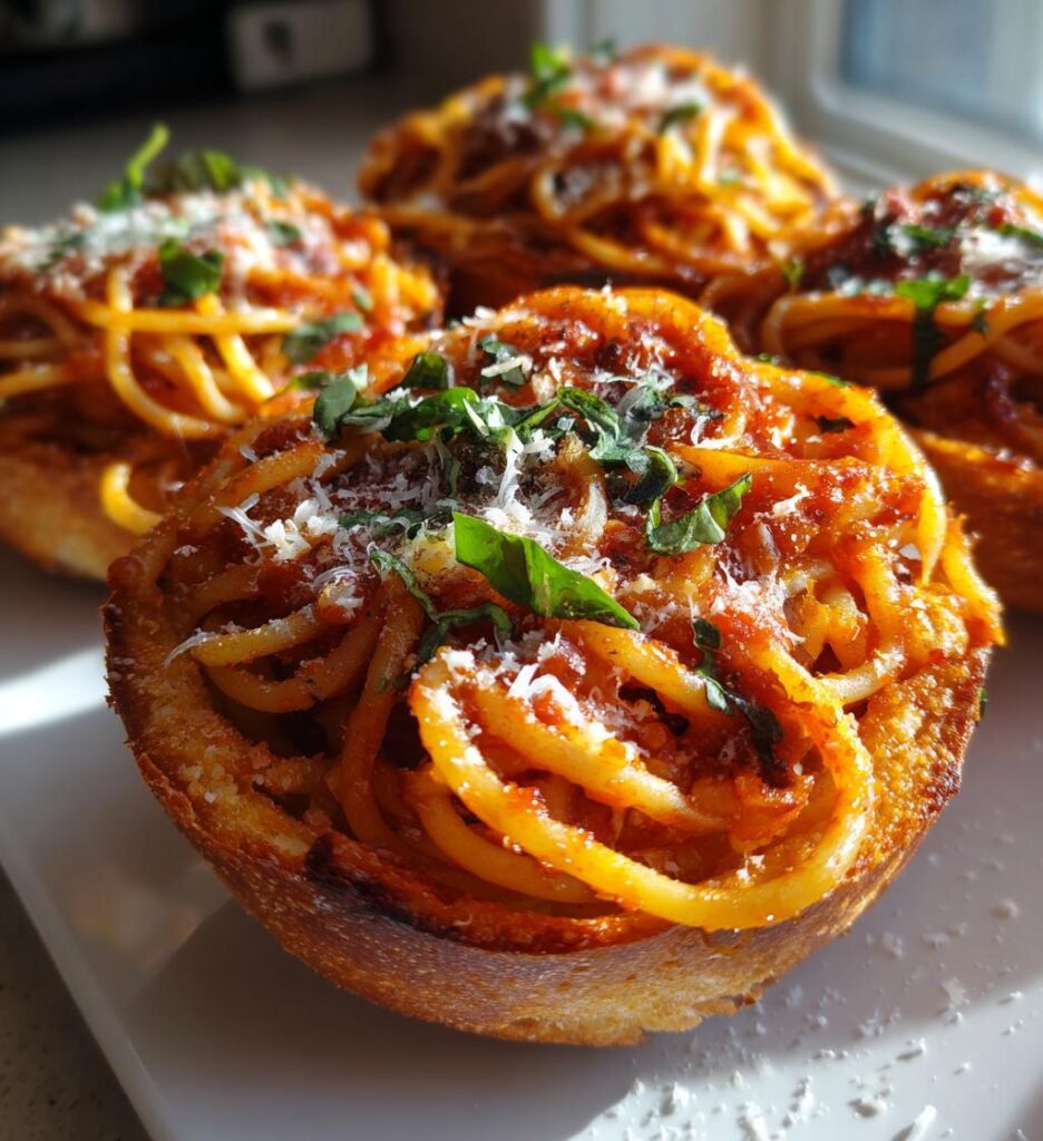 spaghetti garlic bread bowls
