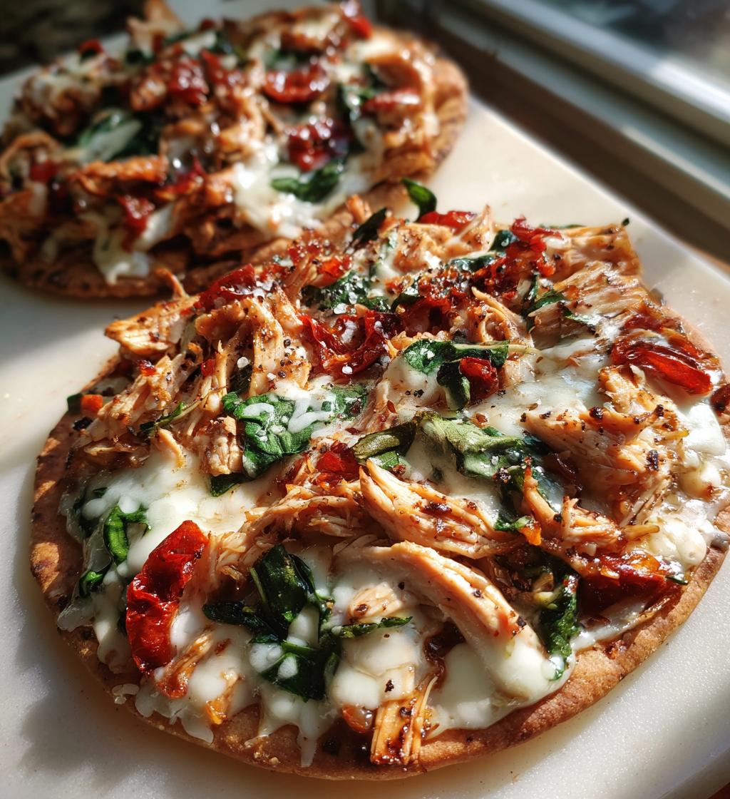 tuscan garlic chicken pita pizzas