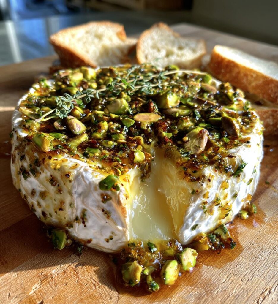 baked brie with honey garlic pistachios and thyme recipe