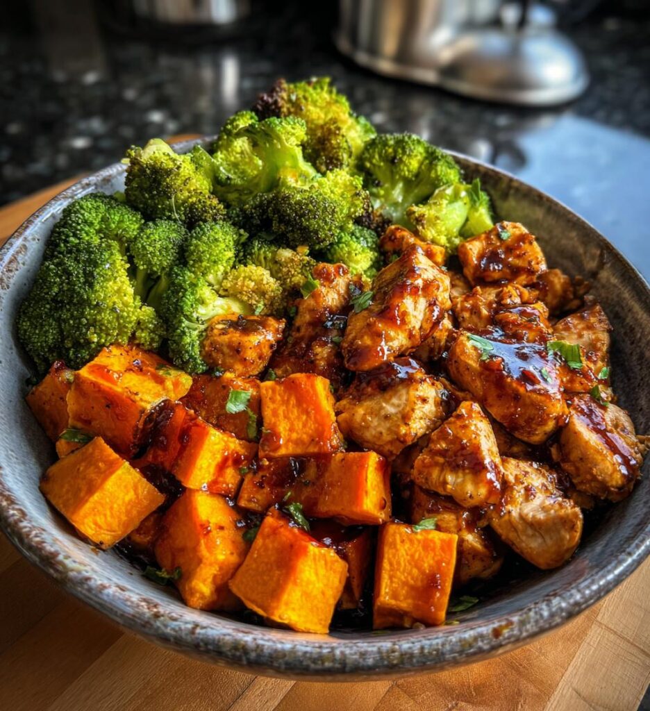 bbq chicken and roasted sweet potato bowls
