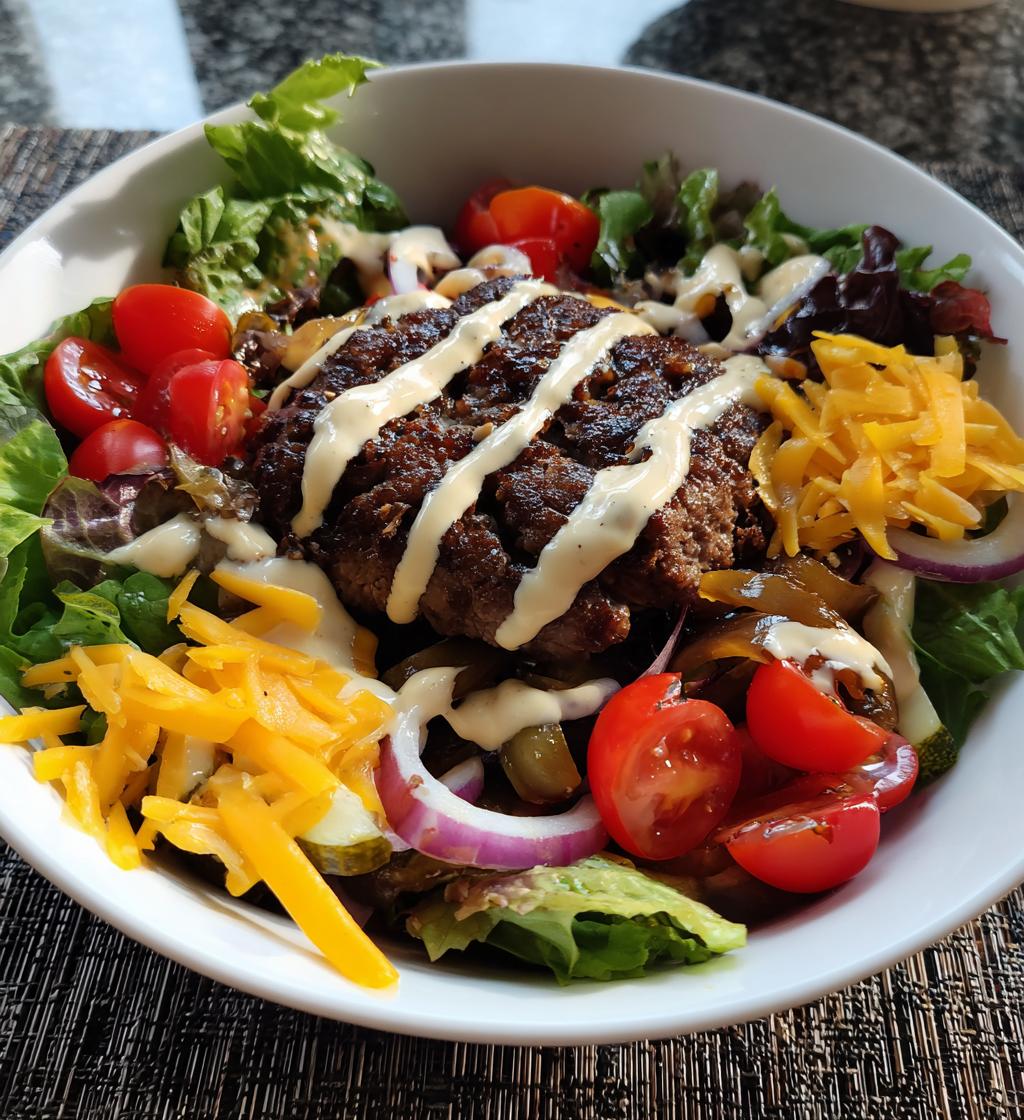 burger bowls with caramelized onion aioli