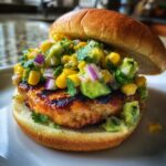 chicken burgers with avocado corn salsa