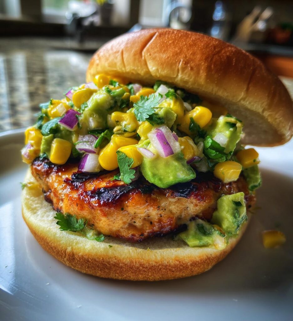 chicken burgers with avocado corn salsa