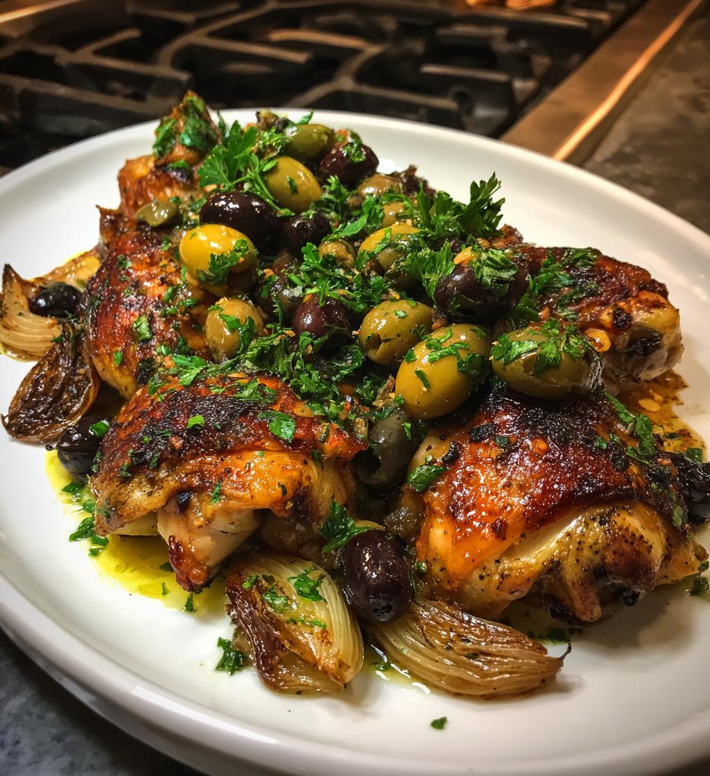 chicken quarters with shallots and olive salad