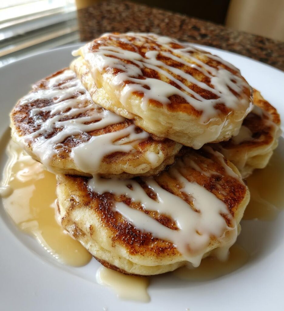 cinnamon roll pancakes with cream cheese glaze