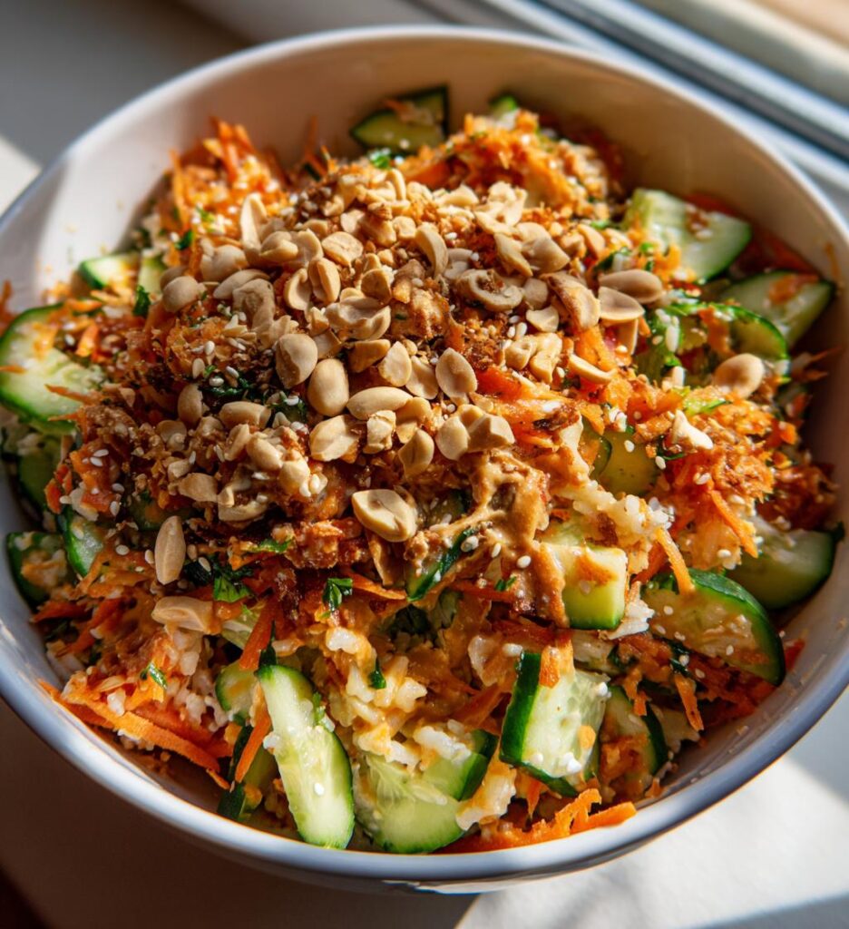 crispy rice salad with peanut sesame dressing