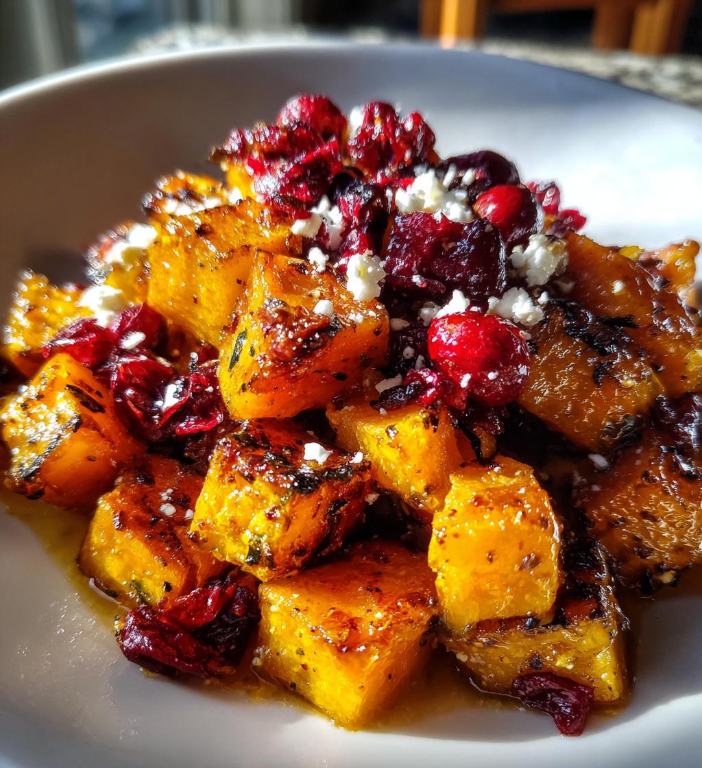 honey roasted butternut squash with cranberries and feta