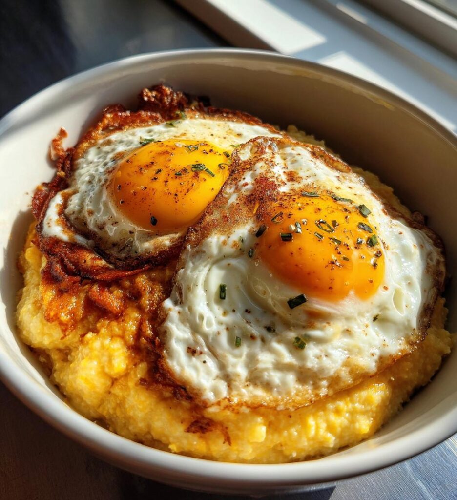 spicy cheddar grits with fried eggs