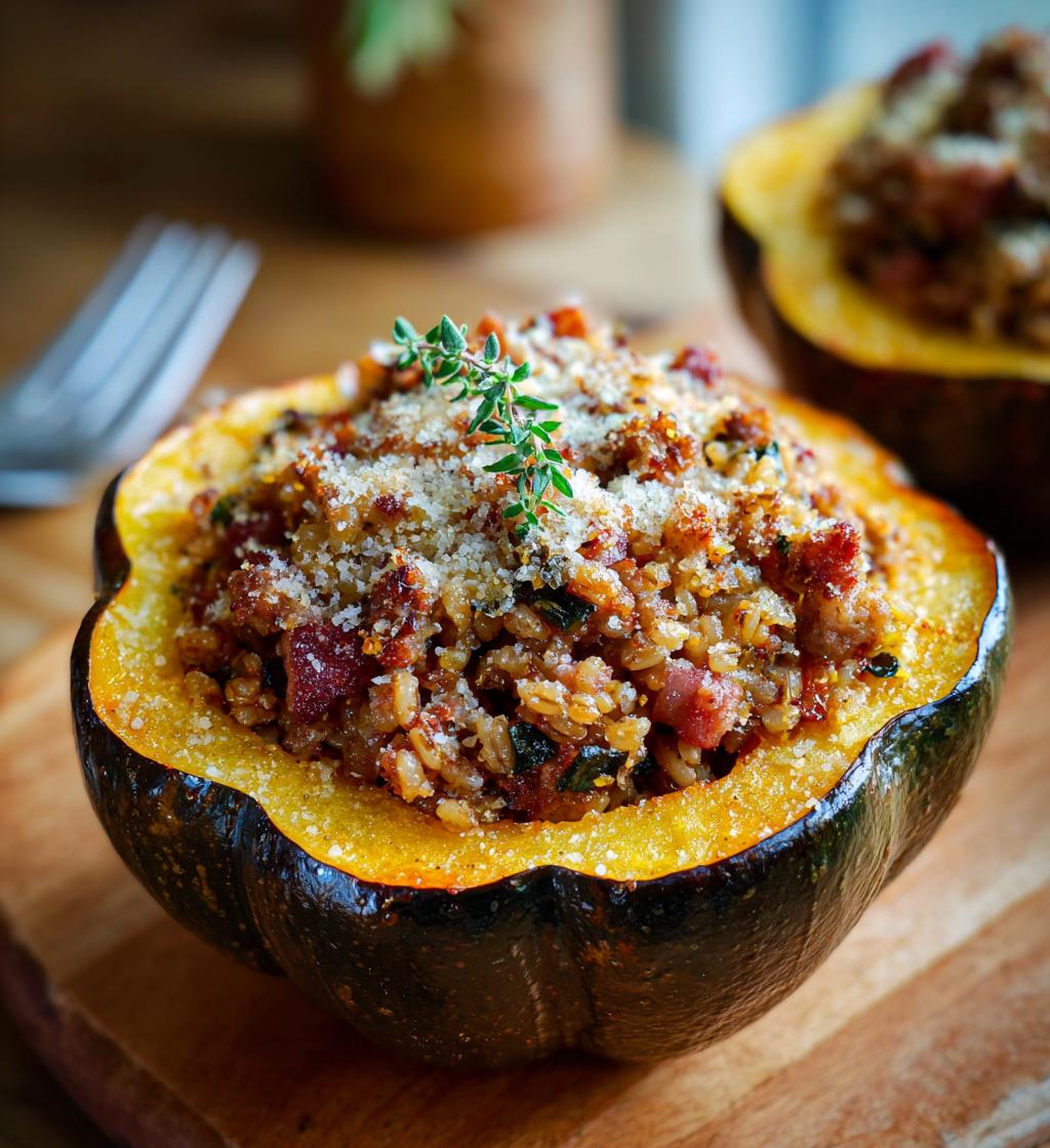 stuffed acorn squash with savory farro bacon or sausage and parmesan recipe