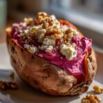 stuffed sweet potato with beet hummus goat cheese toasted walnuts