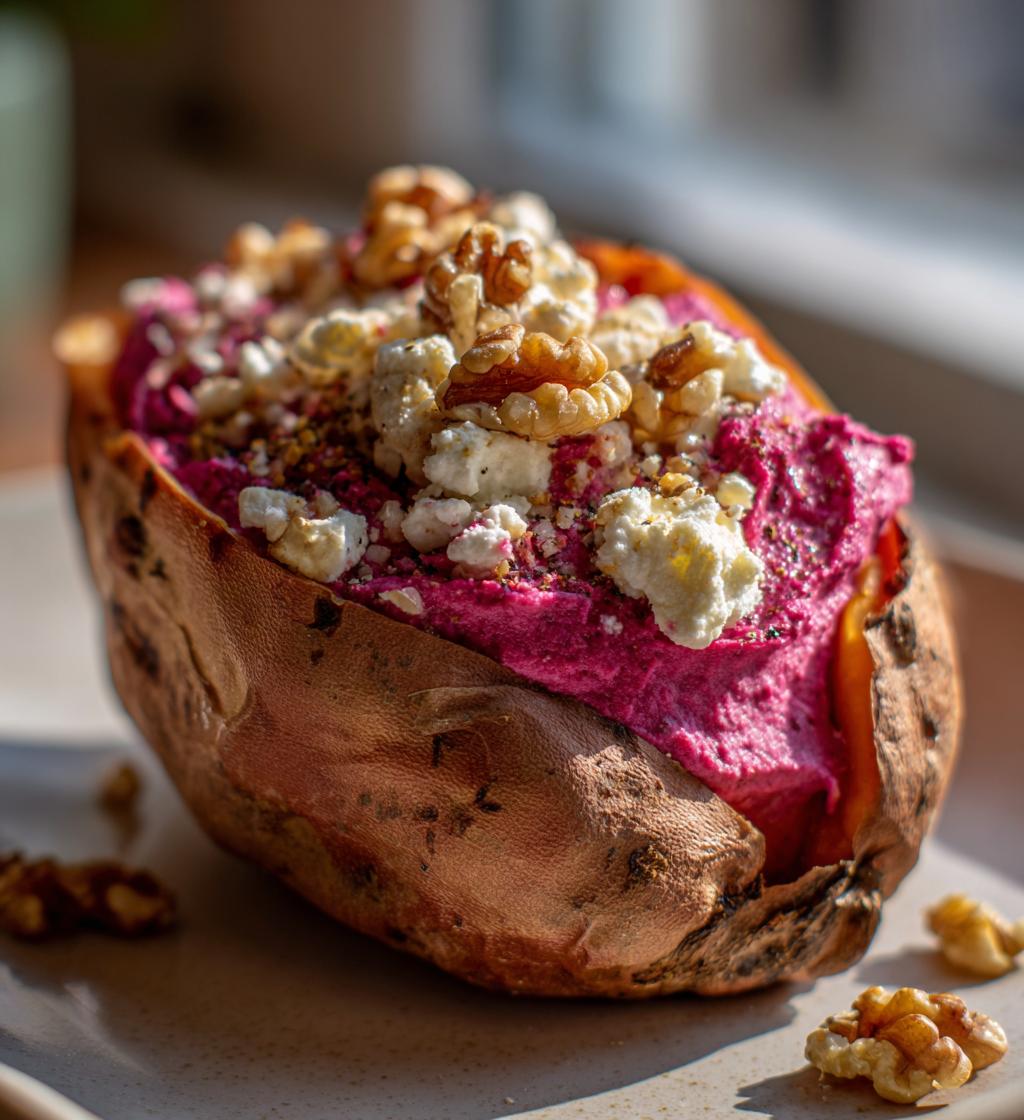 stuffed sweet potato with beet hummus goat cheese toasted walnuts