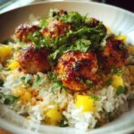 firecracker chicken meatballs with cilantro coconut pineapple rice