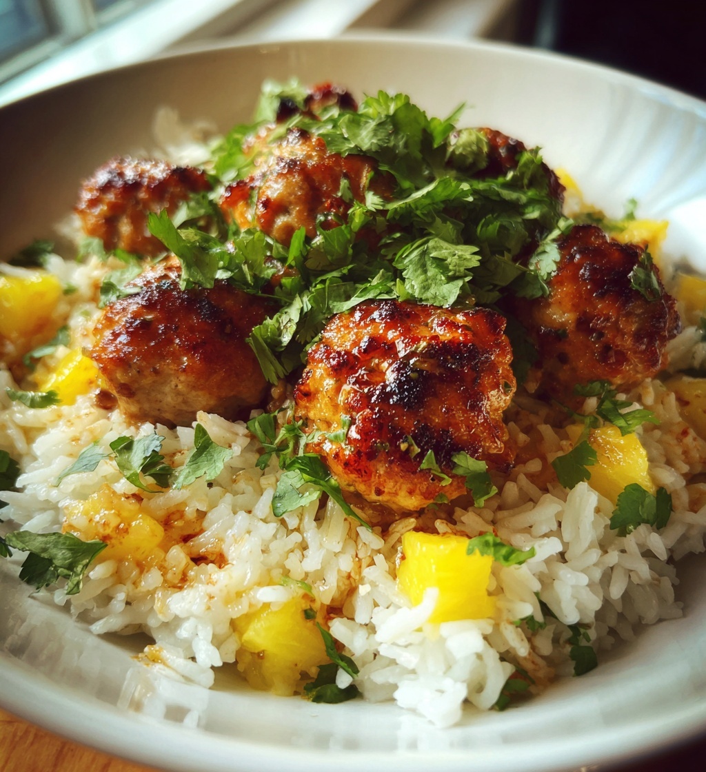 firecracker chicken meatballs with cilantro coconut pineapple rice