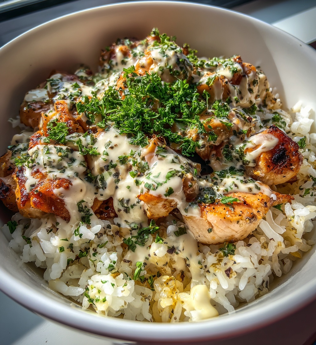 garlic herb chicken rice bowls with creamy parmesan sauce