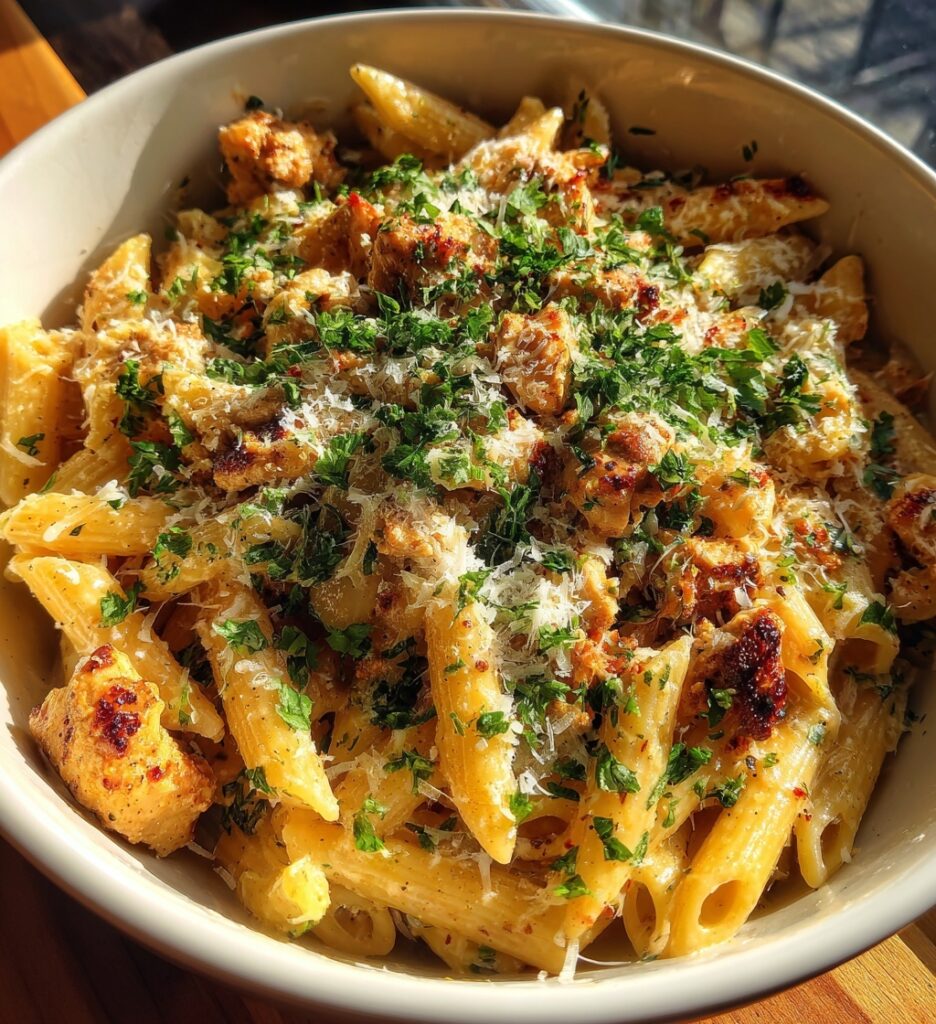 garlic parmesan chicken pasta with bww sauce