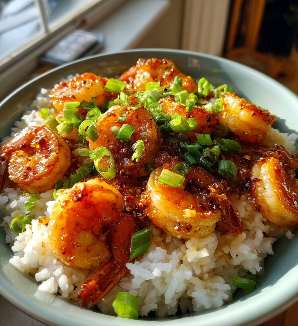 honey garlic shrimp rice bowl with chili lime sauce