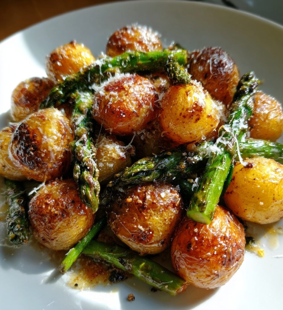 roasted potatoes and asparagus with parmesan